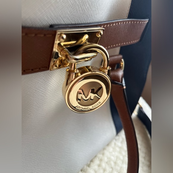 Michael Kors Hamilton Navy White khaki Gold Hardware +Shoulder Strap - Picture 2 of 13